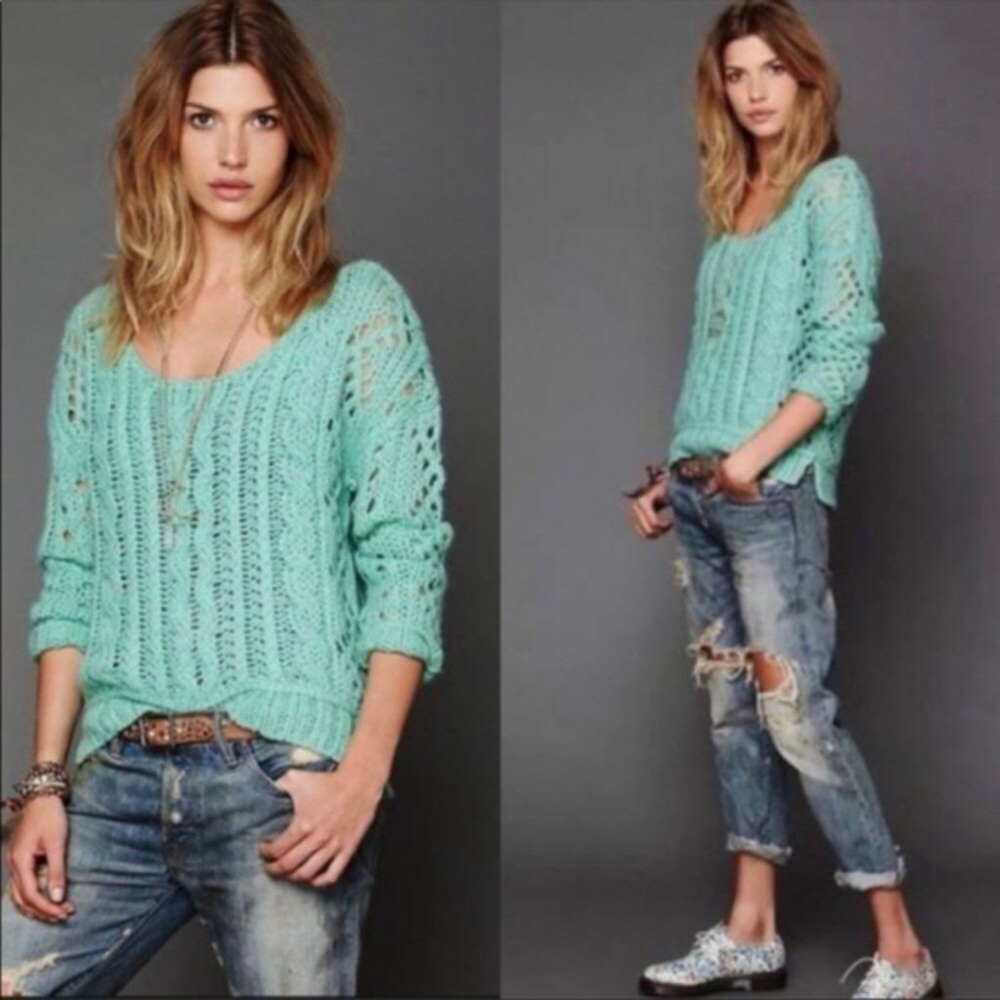 Free People Mint Green Chunky Open Cable Knit Sweater